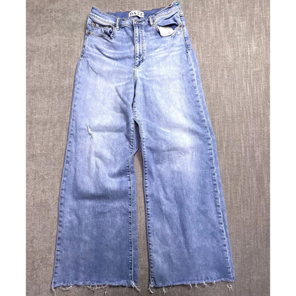 DAZE Jeans Womens 30 Blue Denim Distressed Light Wash Wide Leg Raw Hem Outdoor